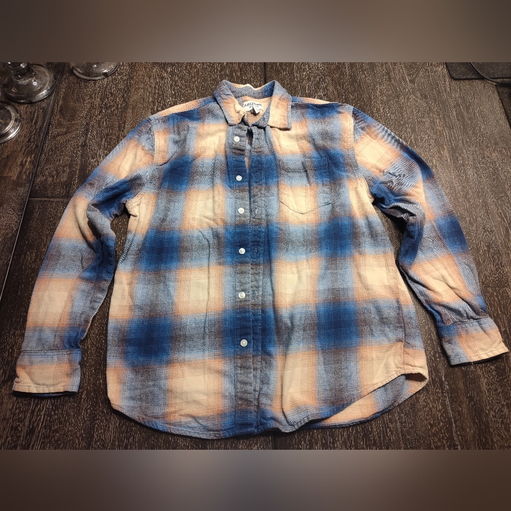 Arizona Button Up Long Sleeve Shirt Mens S Blue Cotton Plaid Chest Pocket Collar